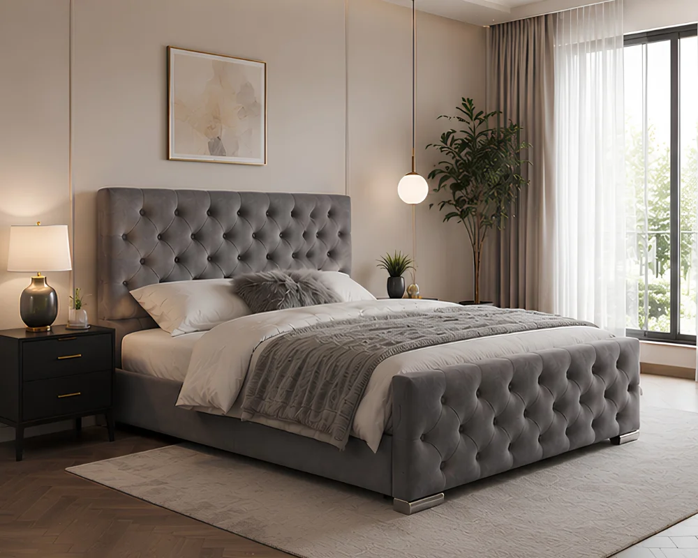 Contemporary Grey Velvet Bed with mattress – Diamond Button Tufted Double Bed Frame - Image 2
