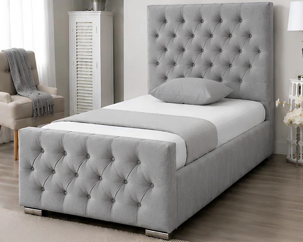 Light Grey Chesterfield Style Single Bed - Velvet Upholstered Bed Frame with mattress - Image 2