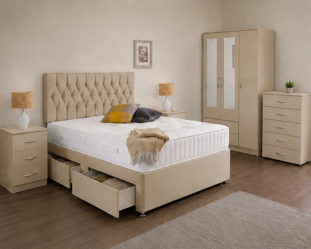 Complete Bedroom Furniture Collection – Double Bed, 3 Door Wardrobe with Two Half Mirrors, Two Bottom Drawers & Chest of Five Drawers - Image 2
