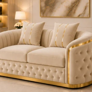 Madrid Beige Golden Luxury 2-Seater Sofa – Elegant Tufted Sofa with Gold Accents