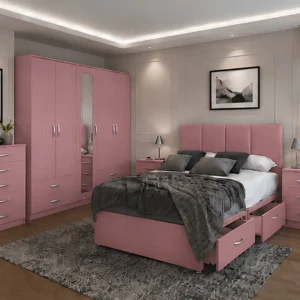 Complete Double Bed Furniture Set – Five Door Wardrobe Featuring Full Length Mirror & Four Drawers – Chest of Five Drawers with 2 Bed Side Tables