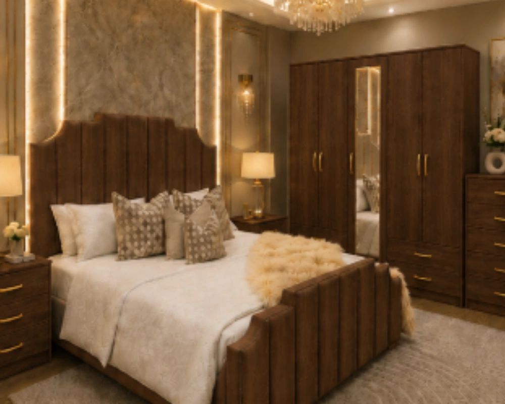 Luxury Double Bed Furniture Set - five Door Wardrobe With Four Drawer - Chest of Five Drawers With Two Bed Side Table