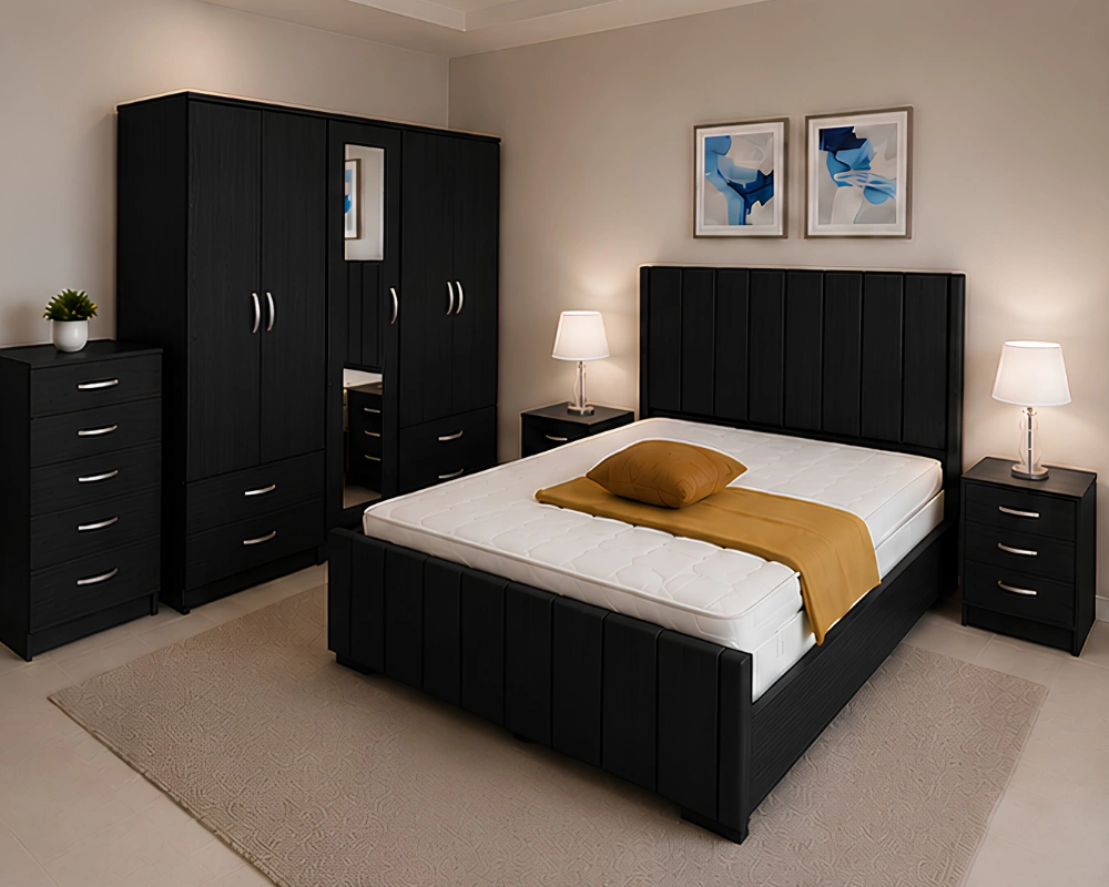 Premium King Size Wooden Bedroom With Four Door Wardrobe With Four Drawer - Chest of Five Drawers With Two Bed Side Table - Image 3