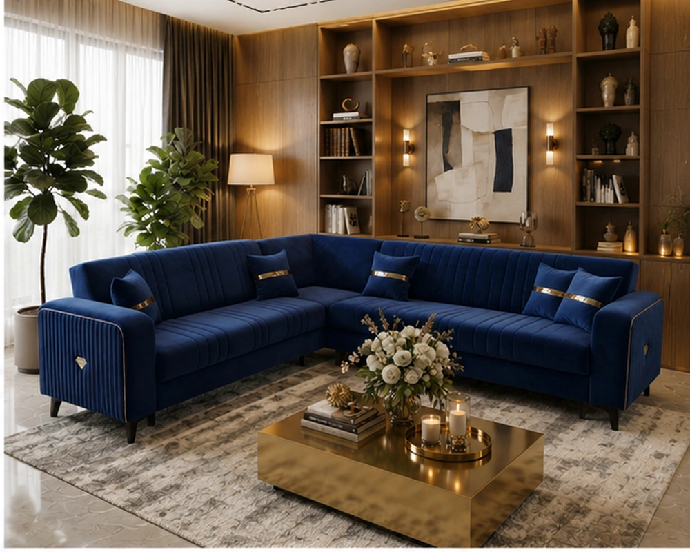 Luxury Navy Blue L-Shaped Sofa 6 seater – Premium Velvet Corner Sofa - Image 4