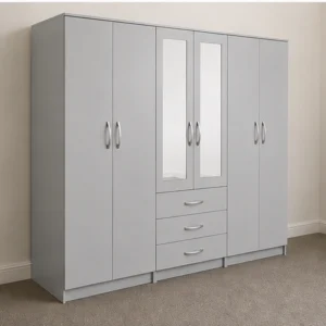 6 Door Light Grey Wardrobe with 3 Drawers & Double Mirrors – Modern Bedroom Storage Cabinet