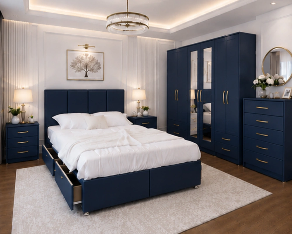 Complete King Size Bed Furniture Package - Six Door Wardrobe With Four Drawer - Chest of Five Drawers With Two Bed Side Table