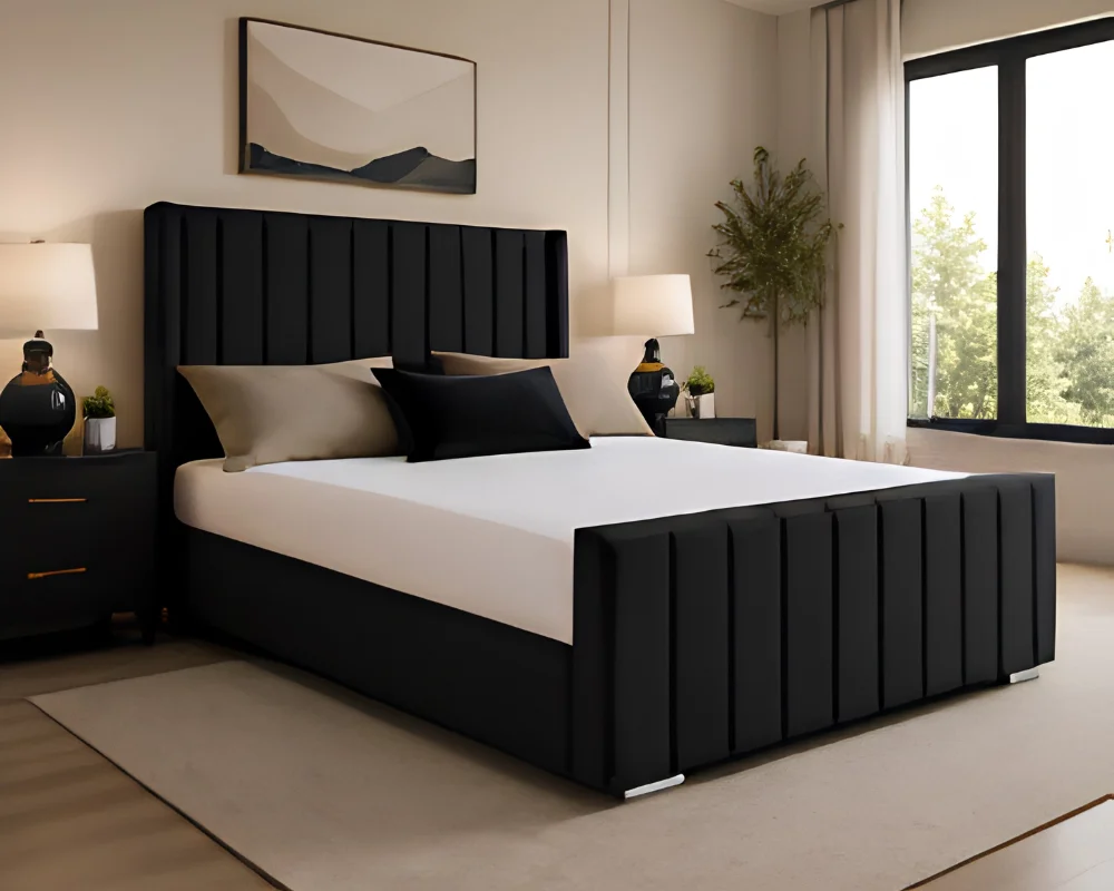 Black Double Size Bed – Modern Panel Wingback Double Bed with Mattress - Image 2