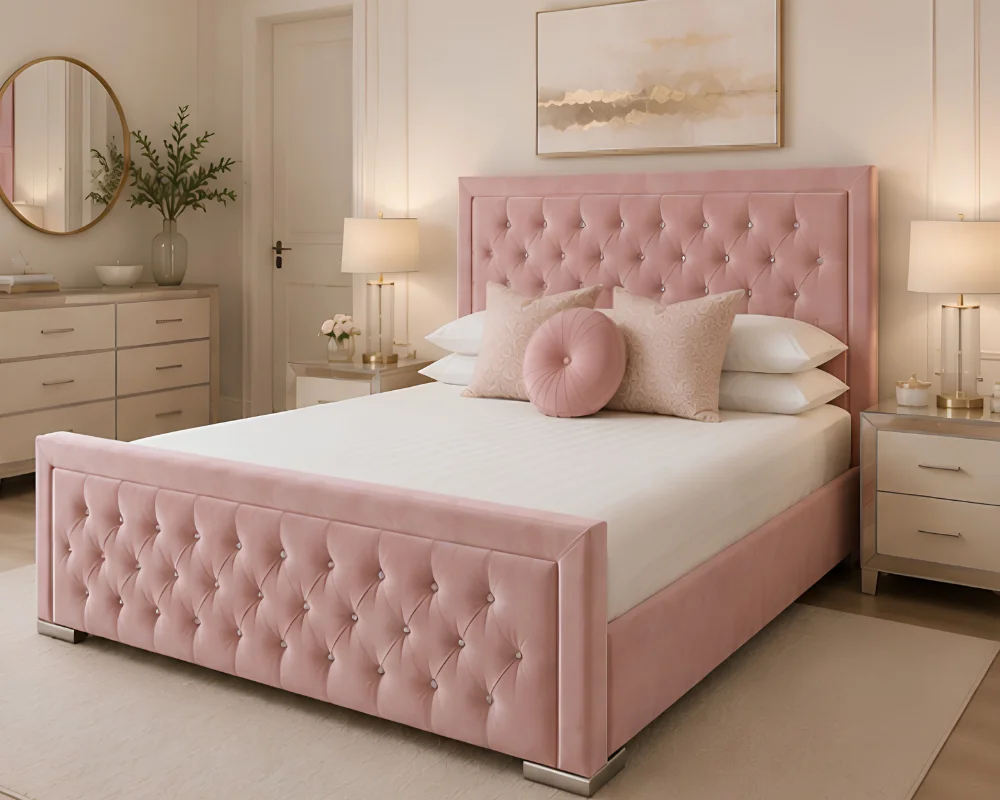 Elegant Dusty Pink Hilton Bed Frame with mattress – Premium Padded Double Bed 160×200 cm - Image 2