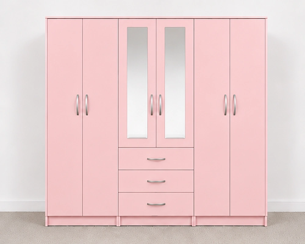 6 Door Pink Wardrobe with 3 Drawers & Mirror - Modern Bedroom Storage Cabinet - Image 2