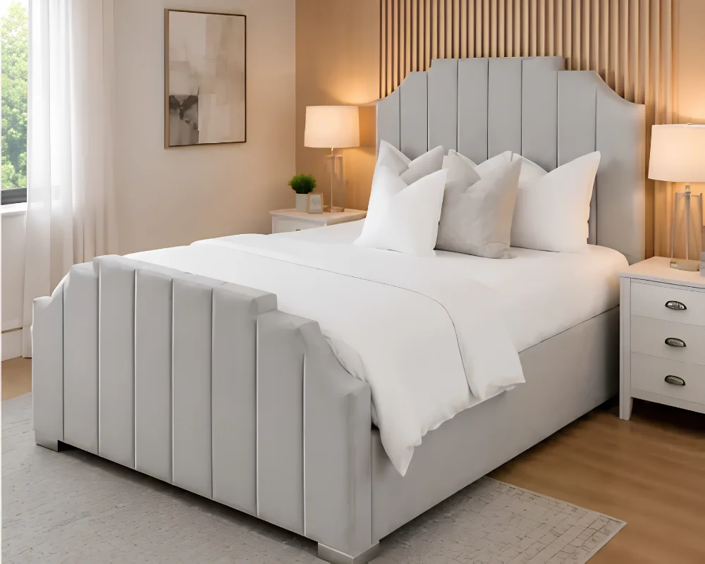 Elegant Light Grey Arizona Double Bed Frame - Velvet & Leather-Bed with Mattress - Image 2