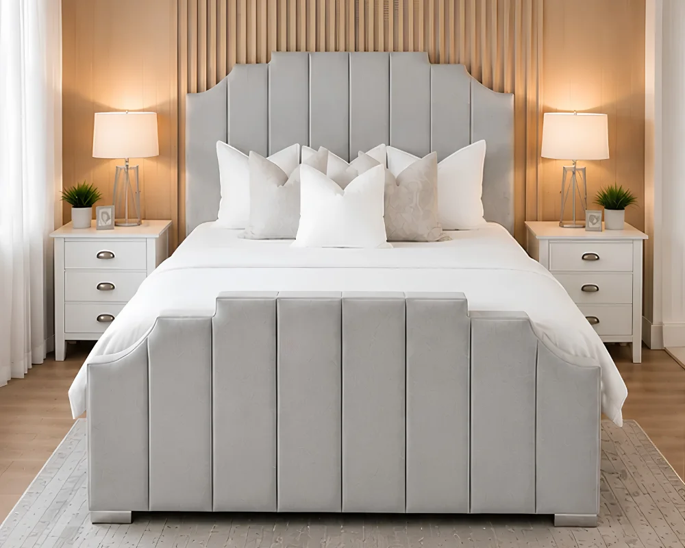 Elegant Light Grey Arizona Double Bed Frame - Velvet & Leather-Bed with Mattress