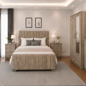 Premium Bedroom Furniture Suite - King Size Bed - 2 Door Mirror Wardrobe With Bottom Drawer - Five Drawer Chest - Two Bedside Tables