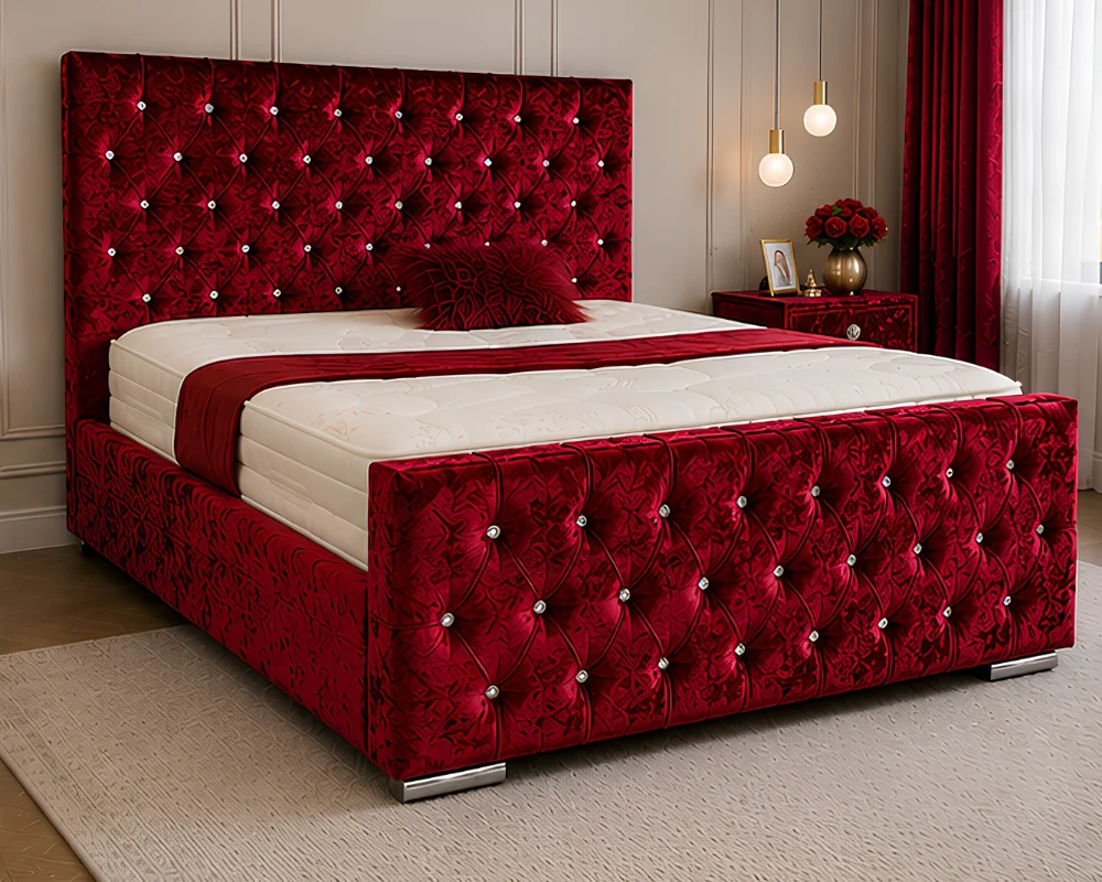 Burgundy Red Velvet Bed Frame with mattress – Elegant Tufted Upholstered Bed with Headboard & Footboard - Image 2