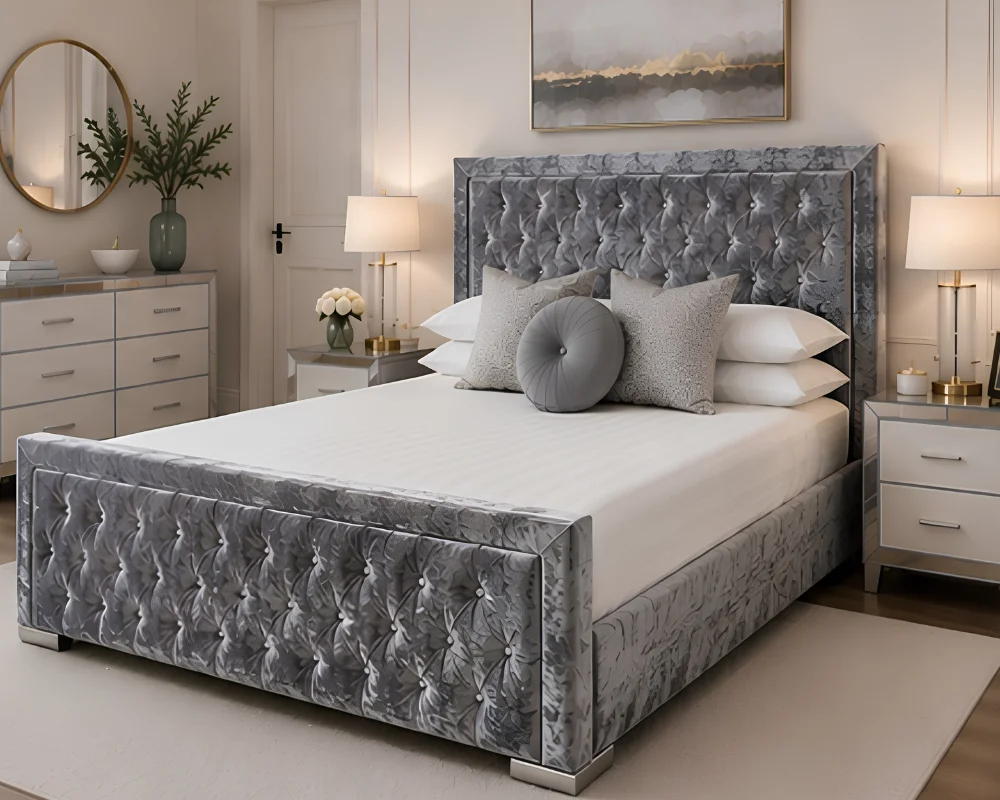 Glamorous Silver Hilton Bed Frame with mattress – Premium Padded Double Bed 160×200 cm with Mattress - Image 3