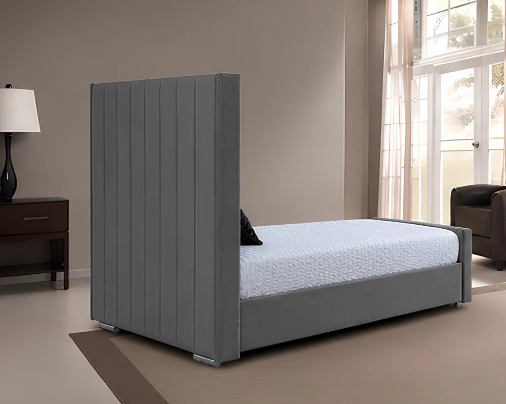 Luxury Grey Single Bed with Panel Headboard – Single Bed with Mattress – Modern Wingback Panel Design - Image 3