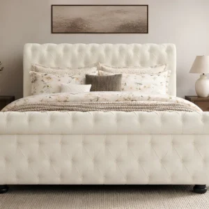 Statement Off White Sleigh Bed with mattress - Premium Upholstered Emperor Bed