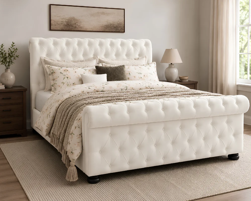 Contemporary Velvet King Size Sleigh Bed - 5ft Bed Frame - King Bed with Mattress