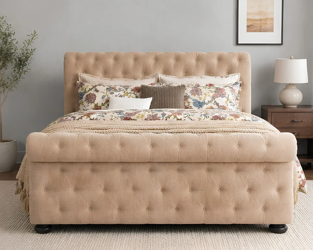 Modern Beige Sleigh King Size Bed Frame-Luxury 5ft Bed with mattress - Image 2