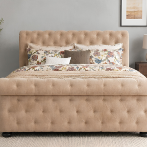 Modern Beige Velvet Super King Sleigh Bed Frame with Mattress-Luxury Sleigh Design