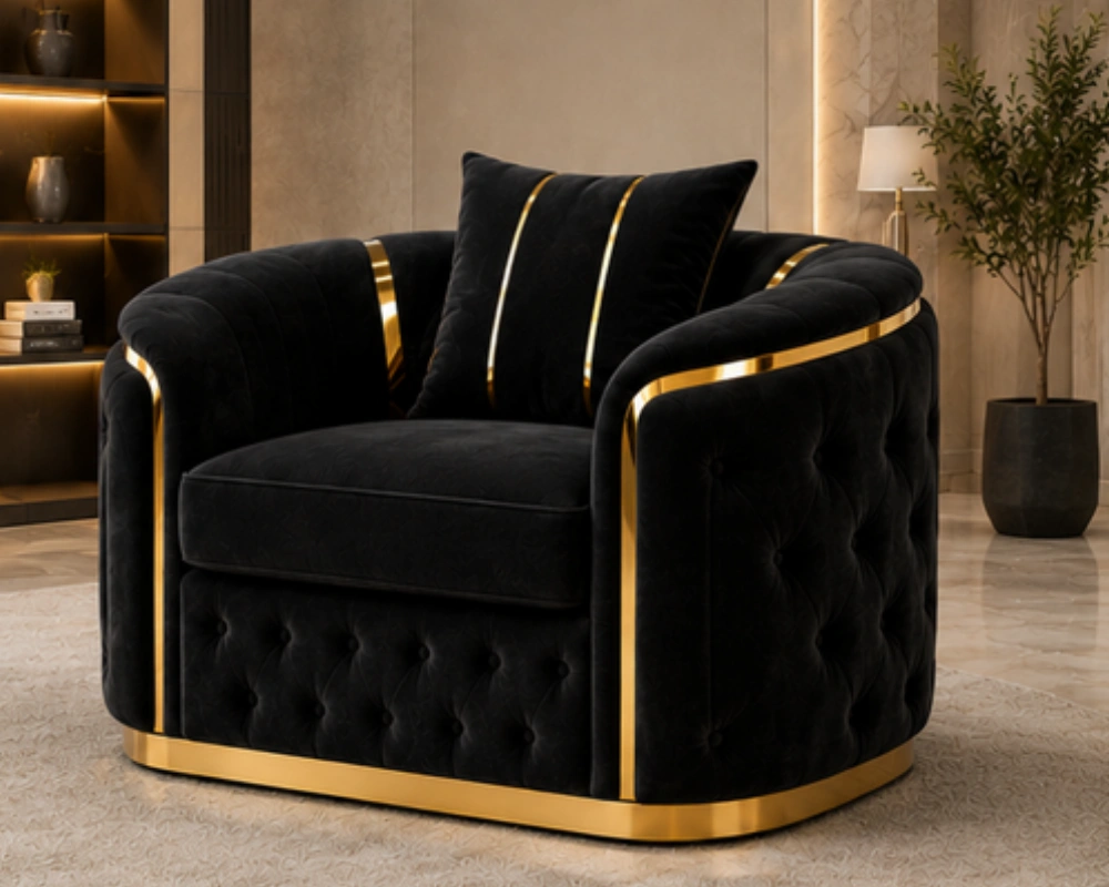 Madrid Black Velvet Armchair – Luxury Chesterfield Accent Chair with Gold Accents | UK