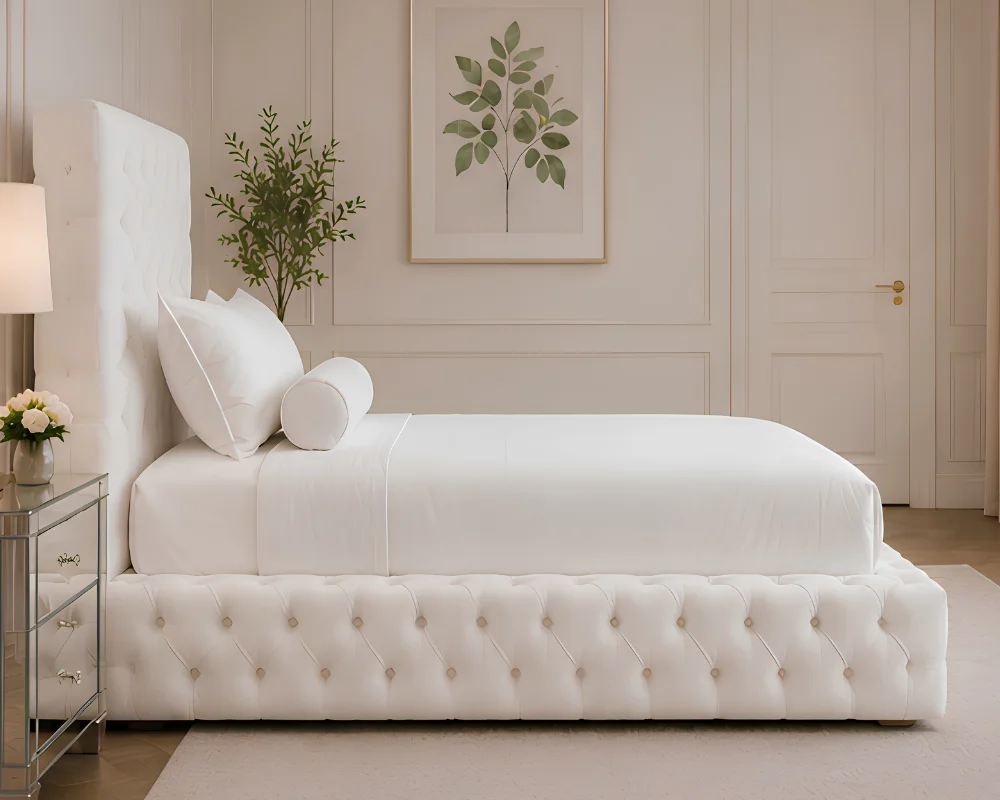 Premium White Upholstered Single Bed with mattress – Stylish Tufted Headboard & Footboard - Image 3