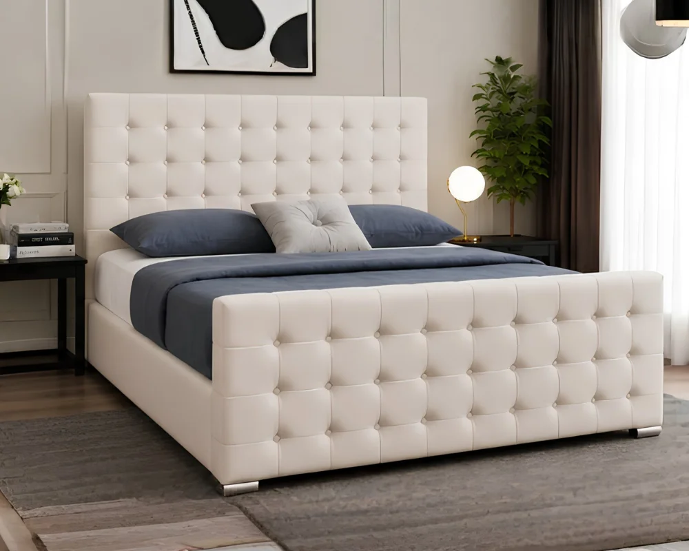 Cream Velvet Bed Frame with mattress – Elegant Deep Button Tufted Double Bed with Statement Headboard & Footboard - Image 2