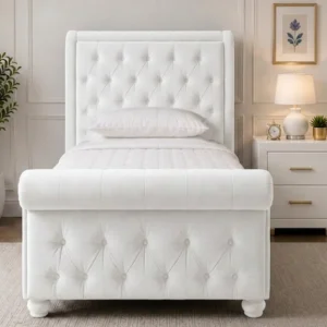 White Velvet Sleigh Single Bed Frame – Premium Upholstered Design with mattress