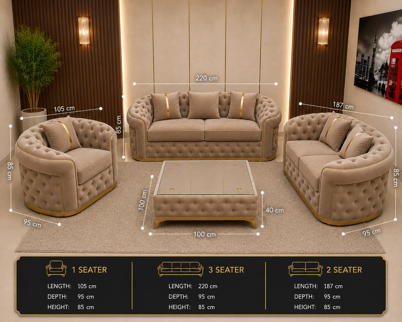 Luxury Greige 3+2+1 Seater Chesterfield Sofa Set with Gold Trim - Image 4