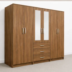 6 Door Wooden Wardrobe with 3 Drawers & Double Mirrors – Modern Bedroom Storage Cabinet
