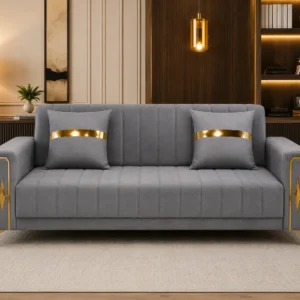 Luxury Turkish Sofa bed – Grey 3 Seater Sofa with Gold Accents