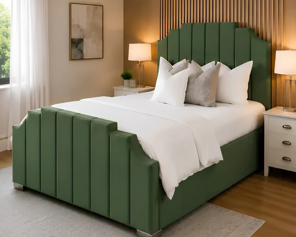 Arizona Forest Green King Size Upholstered Bed Frame - Luxury Velvet Platform Bed with Modern Headboard and mattress