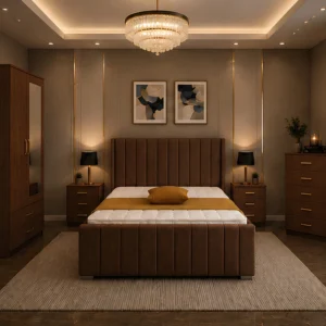 Modern King Bedroom Suite - 2 Door Mirror Wardrobe With Bottom Drawer - Chest of Five Drawers - Two Bedside Tables