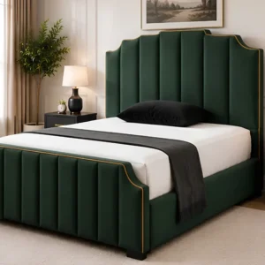 Olive Green Arizona King Size Upholstered Bed Frame - Luxury Velvet Platform Bed with Modern Headboard and mattress