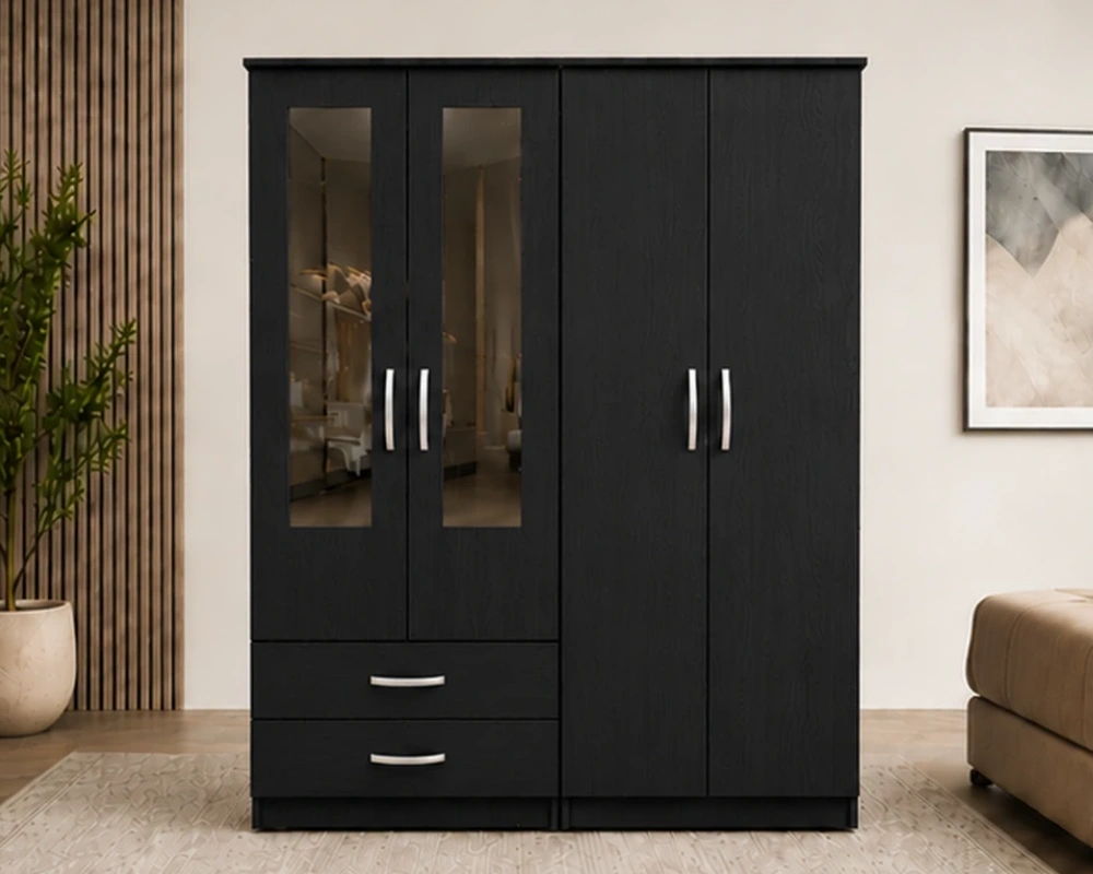 Spacious 4 Door Closet with 2 Mirrored Doors and 2 Practical Storage Drawers