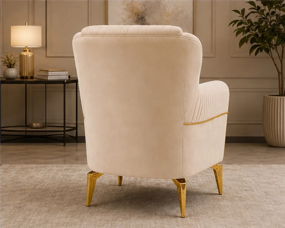 Luxury Cream Wingback Accent Chair – Fluted Upholstery with Gold Trim & Elegant Legs - Image 3