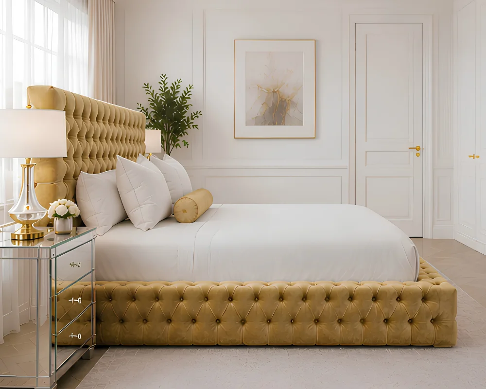 Elegant Mustard Ambassador Bed with mattress – Luxury Tufted King Size - Image 3
