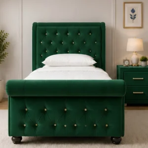 Green Velvet Single Bed with Chesterfield Style Sleigh Headboard-Single Bed with mattress
