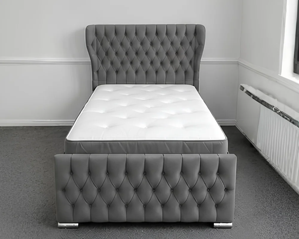 Slate Grey Oxford Single Bed with Mattress – Elegant 3ft Upholstered Frame