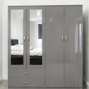Pearl Grey 4 Door Wardrobe – Modern Mirrored Storage– Spacious Mirrored Storage