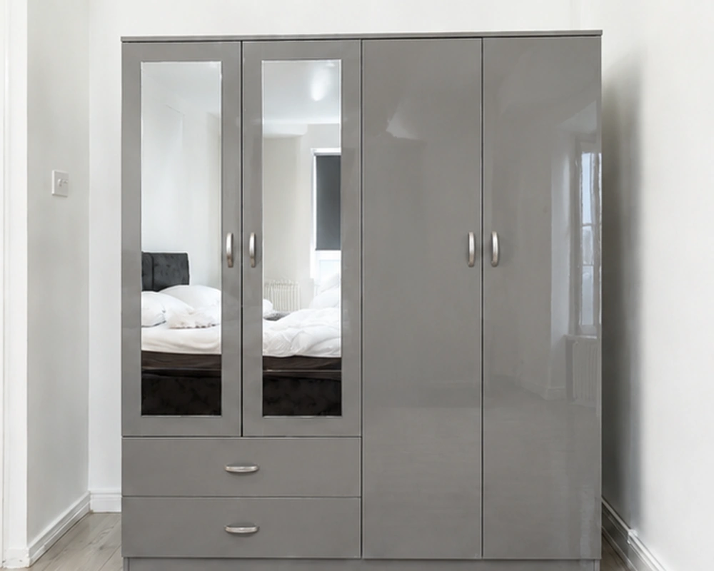 Pearl Grey 4 Door Wardrobe – Modern Mirrored Storage– Spacious Mirrored Storage