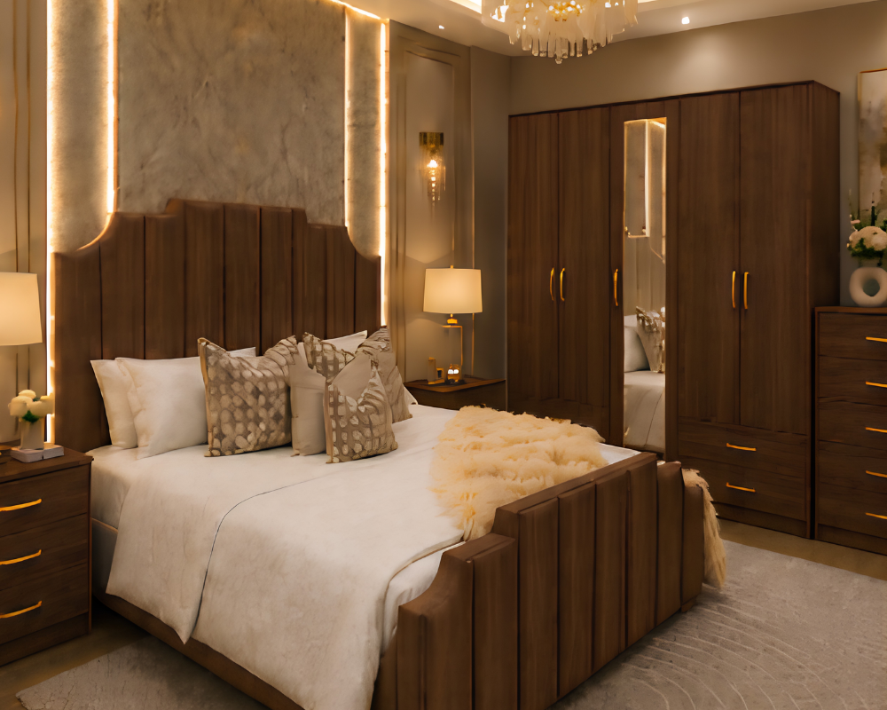 Luxury King Size Bed Furniture Set - five Door Wardrobe With Four Drawer - Chest of Five Drawers With Two Bed Side Table - Image 3