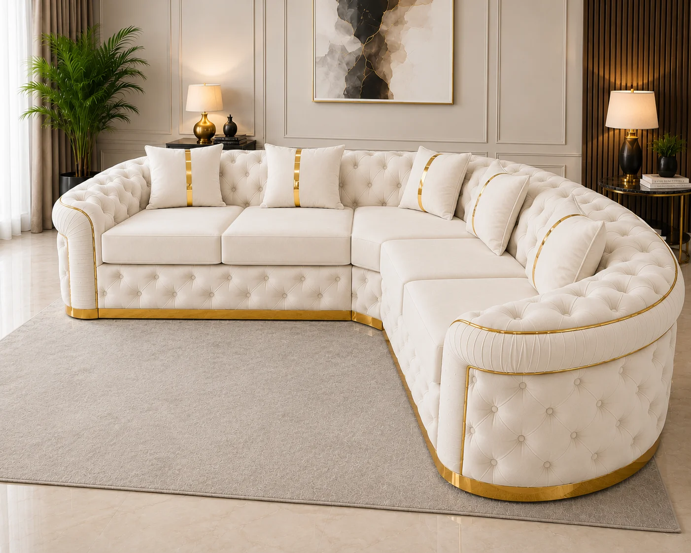 Luxury Off White L-Shaped Chesterfield Corner Sofa with Gold Accents - Image 2