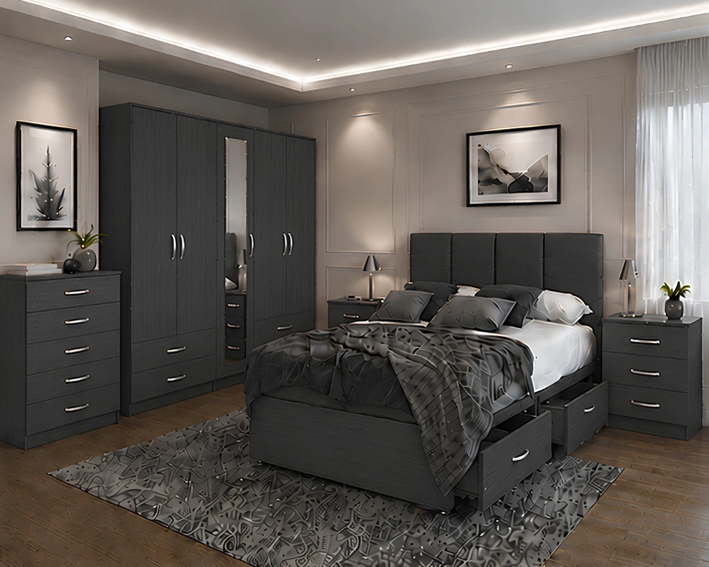 Classic Double Bed Bedroom Set – Five Door Mirrored Wardrobe with Four Bottom Drawers – Chest of Five Drawers with Two Bed Side Tables - Image 2