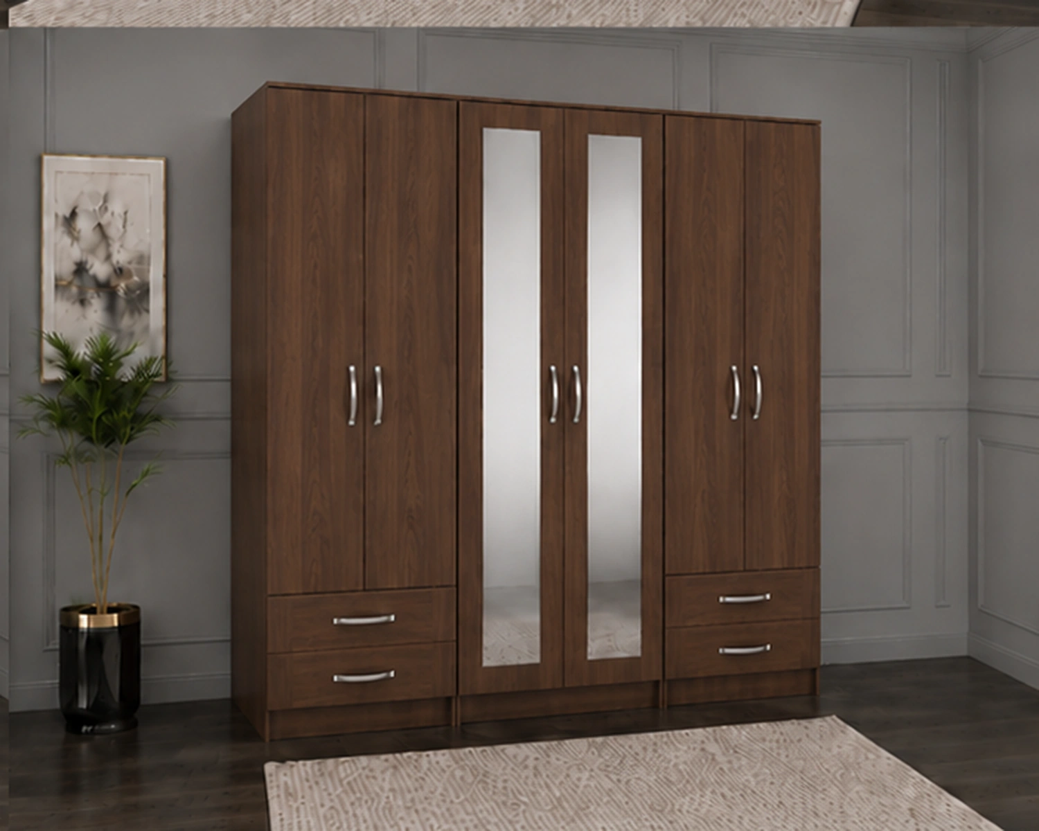 Elegant Bedroom Wardrobe with Large 6 Door Storage Design | Modern Mirrored Wardrobe with Practical Drawers and Hanging Rails - Image 4