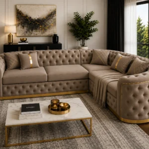 Imperial Tufted Corner Sofa with Gold Accents | Luxury L-Shaped Velvet Chesterfield Sofa UK