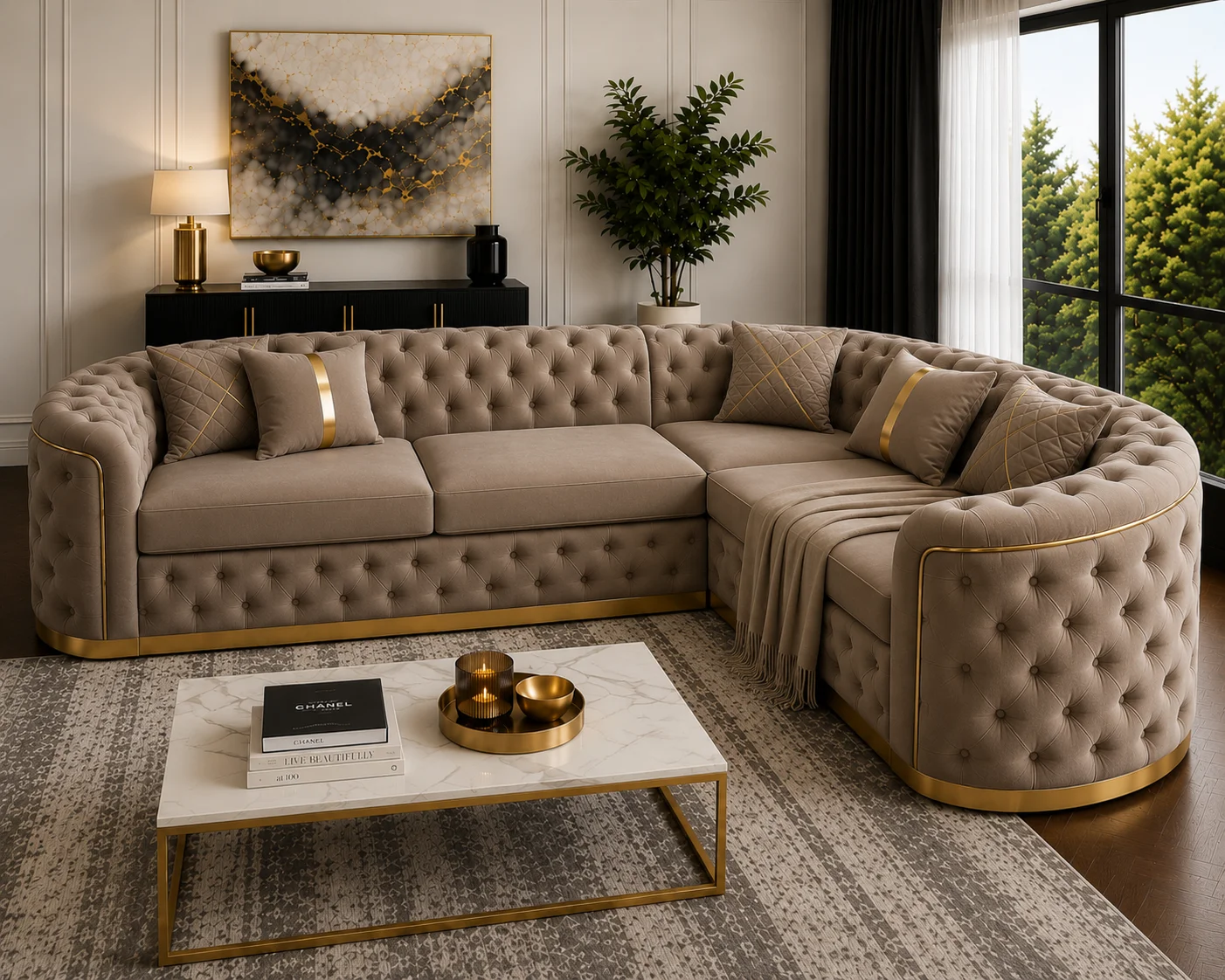 Imperial Tufted Corner Sofa with Gold Accents | Luxury L-Shaped Velvet Chesterfield Sofa UK