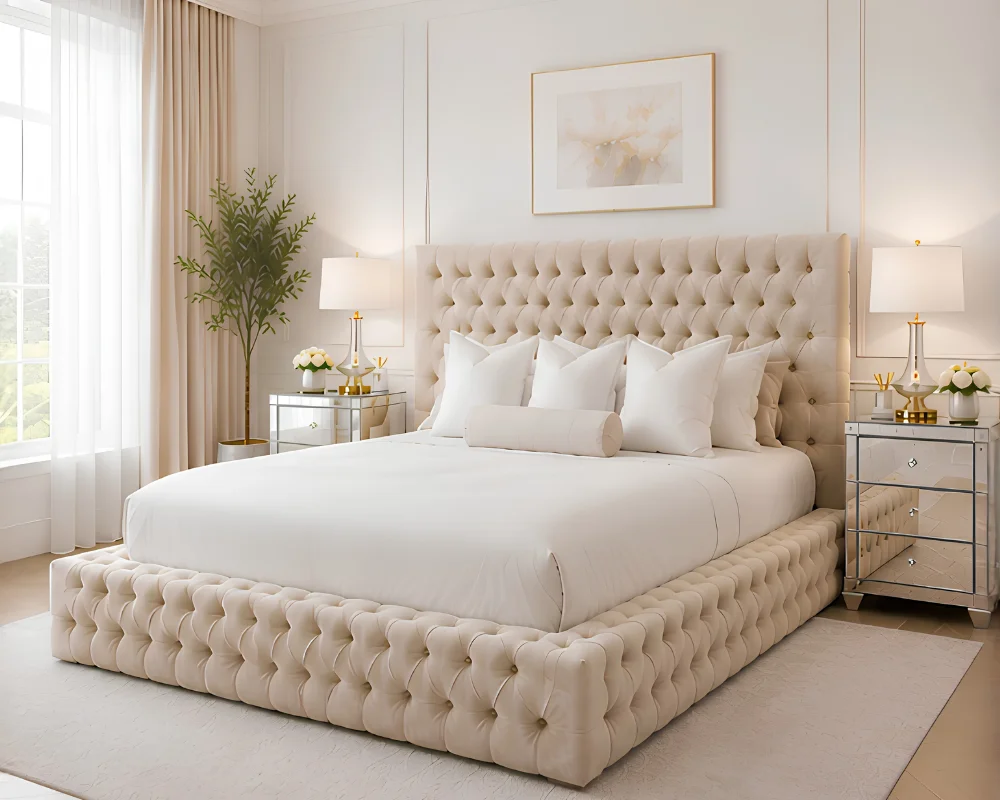 Stylish Cream Button-Tufted Double Bed with Mattress - Image 2