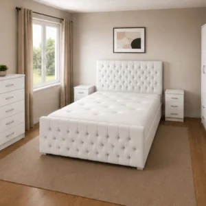 Grand Luxury King Size Bed Furniture Set - Five Door Wardrobe With One Mirror And Four Bottom Drawers - Chest of Five Drawers With Two Bed Side Tables