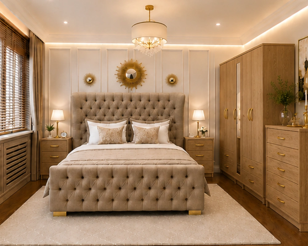 Wooden King Bed Furniture Set With Five Door Wardrobe With One Long Mirror - Chest of Five Drawers With Two Bed Side Table - Image 4