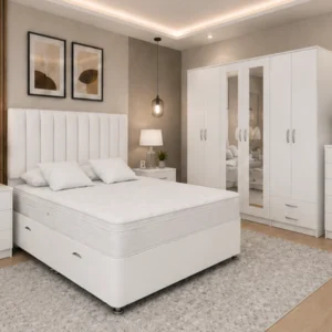 Modern Home Bedroom Set – King Size Divan Bed – Large Mirrored Wardrobe – Chest of Drawers – Bedside Pair